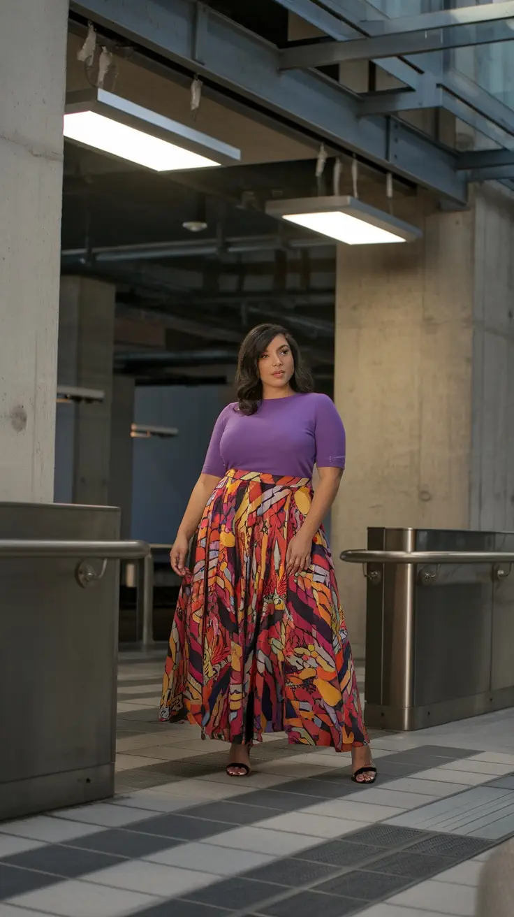 A plus size woman in a vibrant printed skirt and purple top standing confidently.