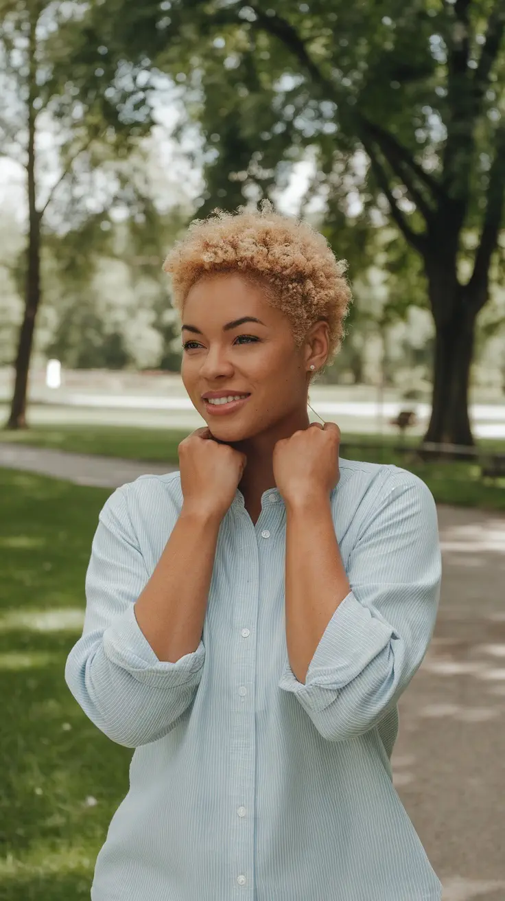 A woman with short curly hair smiling outdoors, wearing a light blue button-up shirt, surrounded by trees in a park.