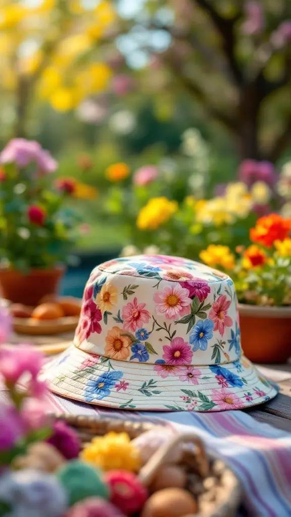 A floral bucket hat on a table surrounded by colorful flowers and pots.