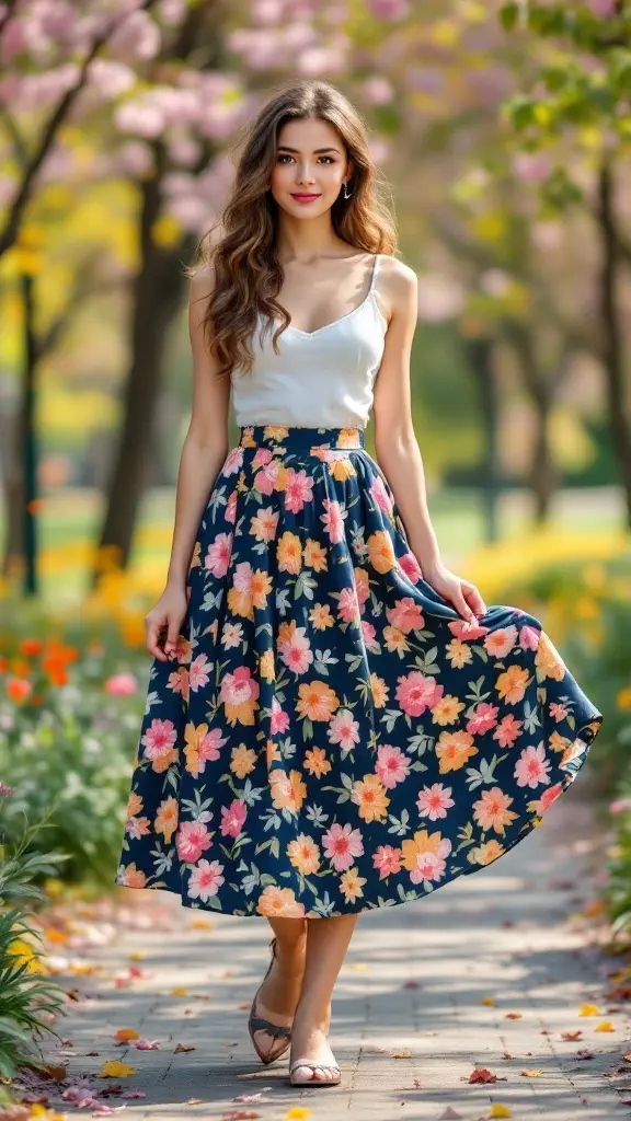 A woman wearing a floral print skirt and a tank top, walking in a blooming park