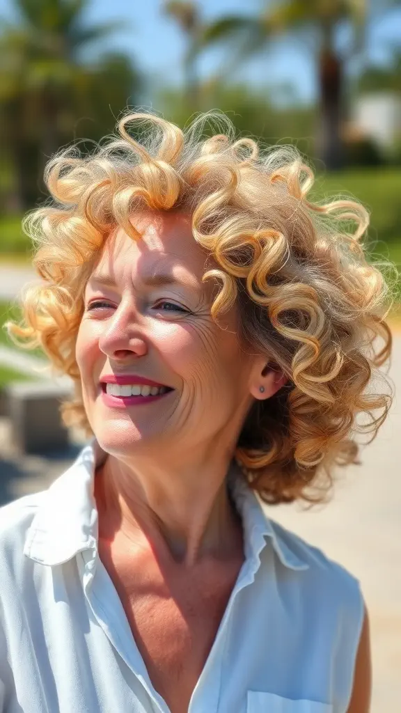 A woman with fluffy curls, smiling outdoors.