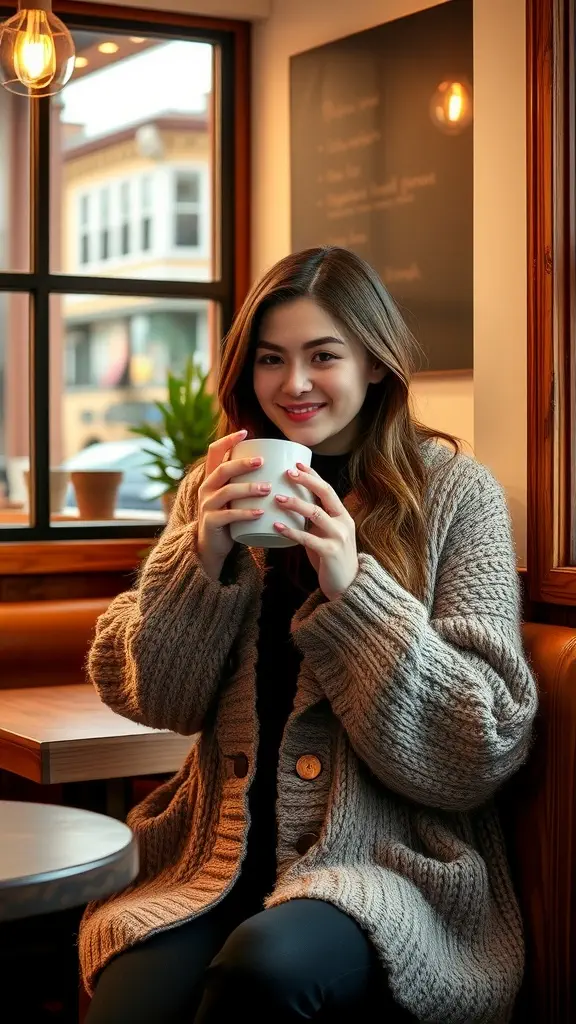 A woman sitting in a café, holding a cup, wearing a fluffy oversized cardigan.