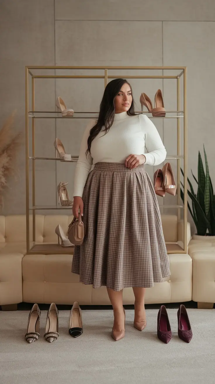 A woman in a stylish skirt stands in front of a display of various footwear options, showcasing different styles of heels.