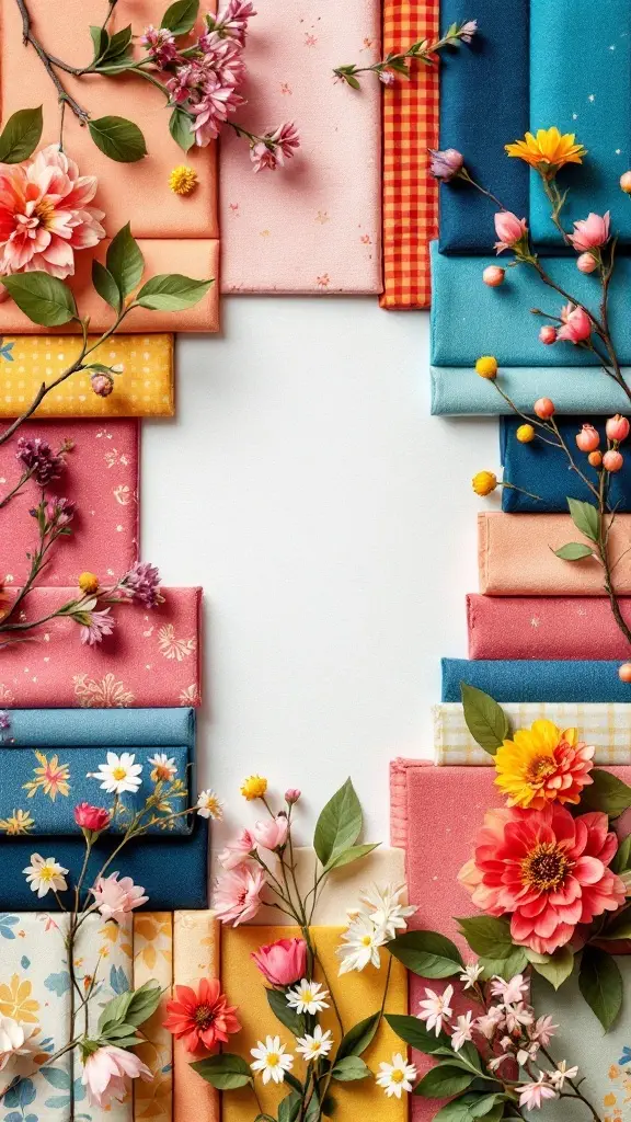 Colorful fabrics with floral patterns and flowers surrounding them