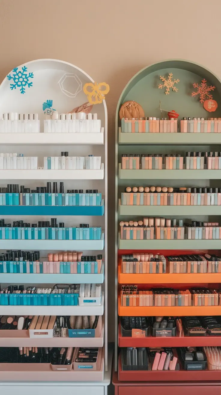 Organized makeup drawer with seasonal palettes for winter, spring, summer, and fall.