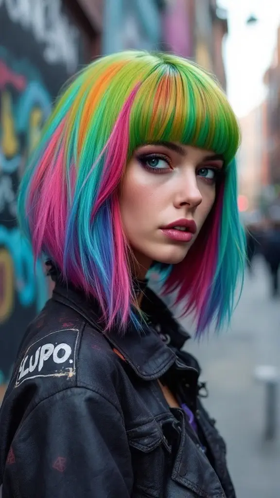 A person with vibrant pink and blue long bob hairstyle, wearing a black top and patterned skirt, standing in a lively street.