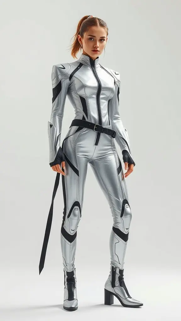 Futuristic fashion outfit featuring a metallic jacket and fitted pants.