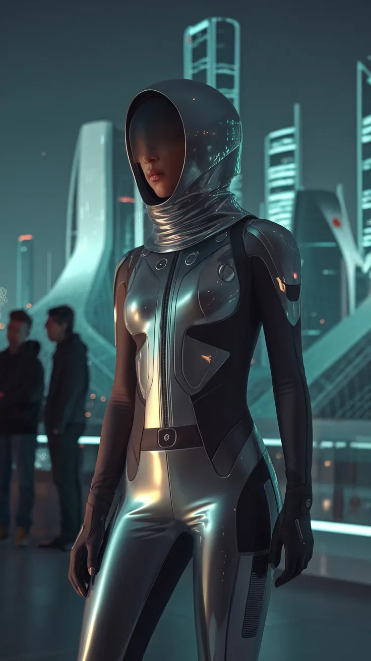 A futuristic sci-fi inspired jumpsuit with a sleek design, set against a backdrop of modern architecture.