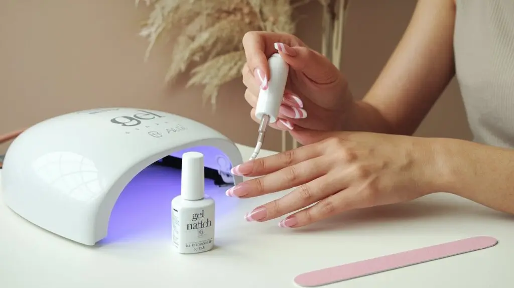 A photo of a nail technician curing gel nails. She is using a UV lamp to harden the gel nails. The nails have a pink and white French tip design. There is a bottle of gel nail polish and a nail file on the side. The background is a beige wall with a decorative plant.