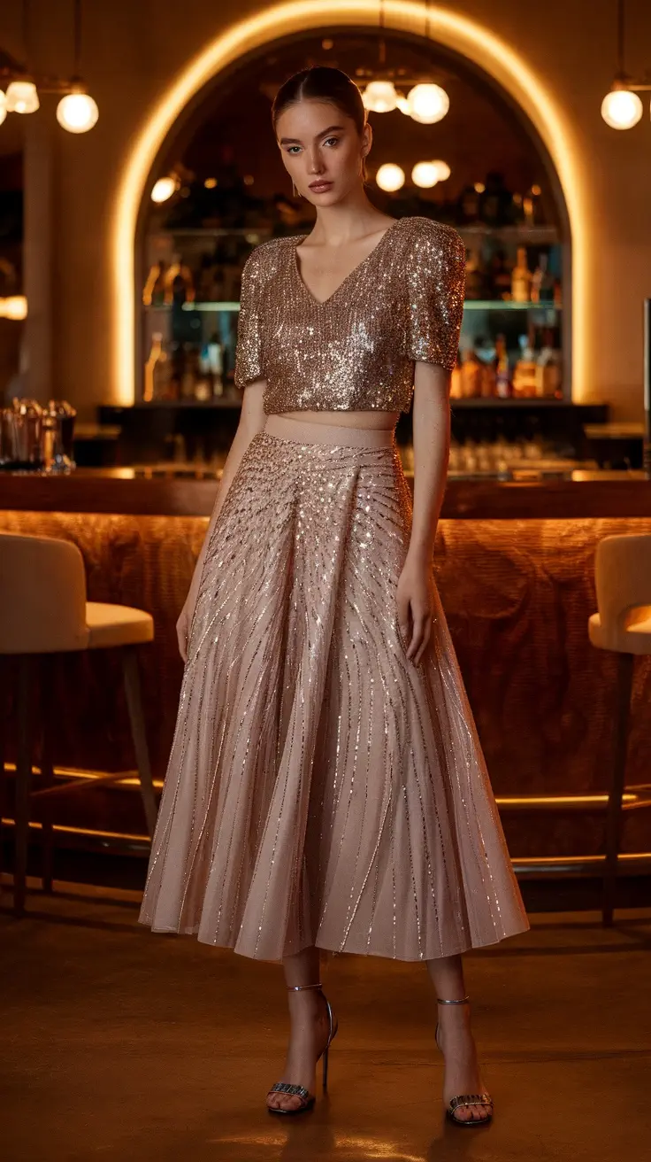 A model wearing a sparkling cropped top and a flowing skirt, styled for a glamorous night out.