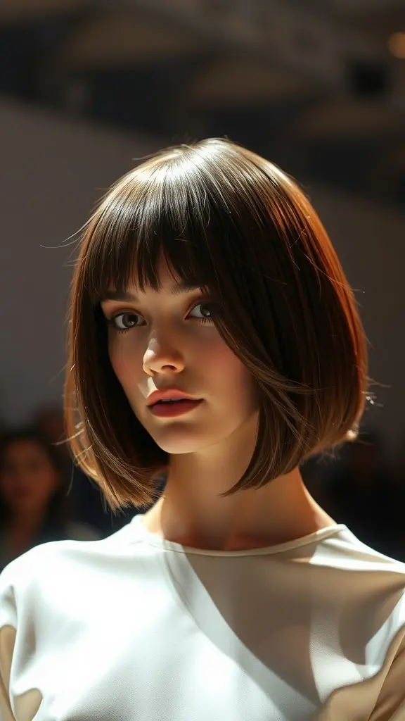 A model showcasing a glossy long bob hairstyle, featuring sleek hair and bangs.