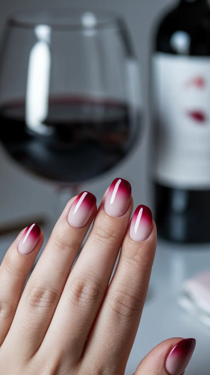 Glossy red wine ombre nails with a gradient effect from deep red to nude, alongside a glass of red wine