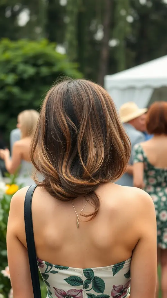 A woman with a half-up half-down long bob hairstyle, showing off soft waves and highlights.