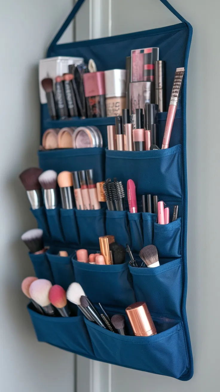 A hanging makeup organizer mounted on a wall, showcasing various makeup products including lipsticks, foundations, and brushes in pockets.