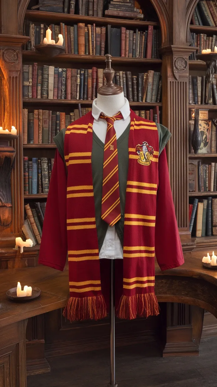 A mannequin dressed in a Gryffindor-themed outfit with a red and gold scarf, green sweater, and tie, set against a bookshelf backdrop.