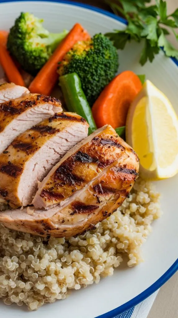 A photo of a healthy meal consisting of grilled chicken, quinoa, and steamed vegetables. The grilled chicken is placed on top of the quinoa. The steamed vegetables include broccoli, carrots, and bell peppers. The meal is served on a white plate. There is a lemon wedge and a sprig of parsley on the side. The background is simple.