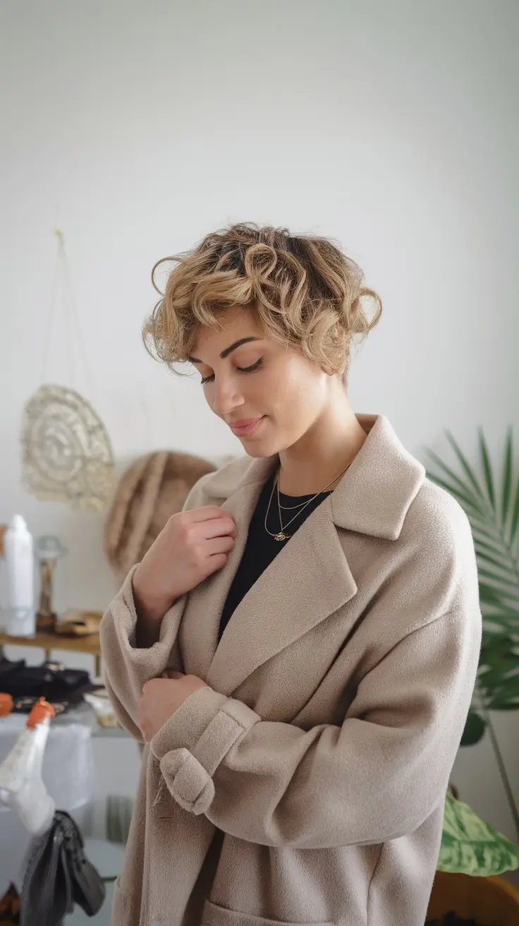 Person with short curly hair wearing a cozy coat, looking stylish and relaxed.