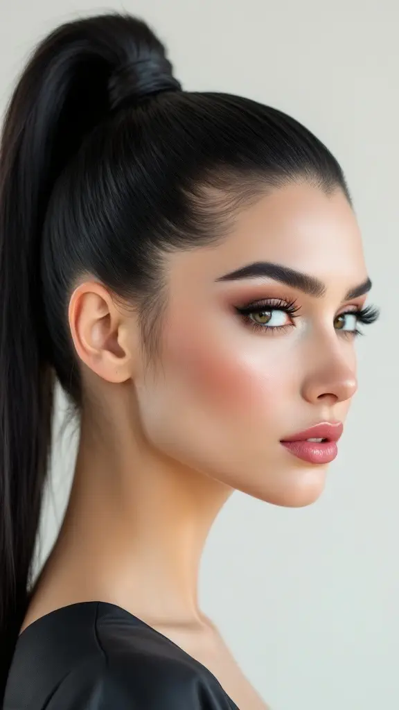 A model showcasing a jet black sleek ponytail hairstyle.