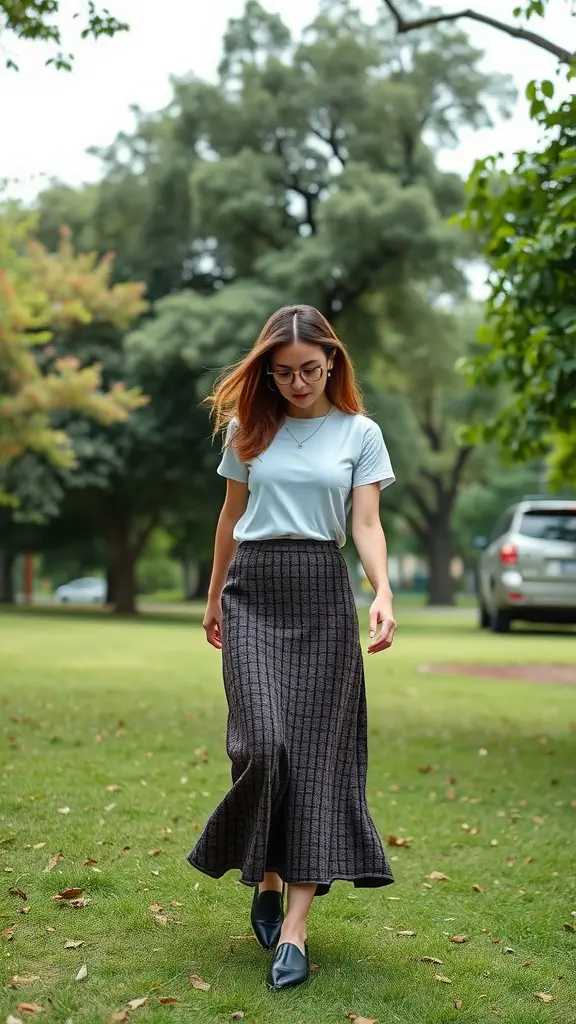 A woman walking in a park wearing a knit midi skirt and a light blue tee, showcasing a relaxed and stylish outfit.