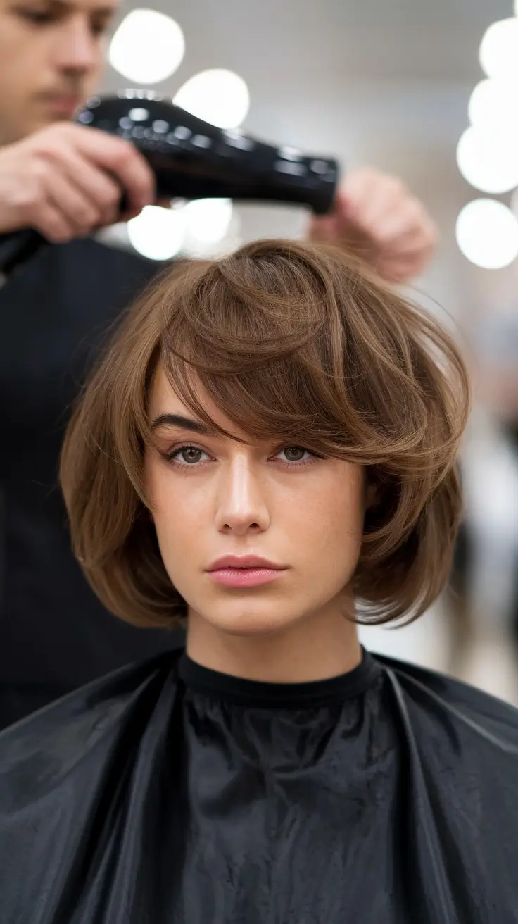 Stylist working on a layered bob haircut for a model with thick wavy hair.
