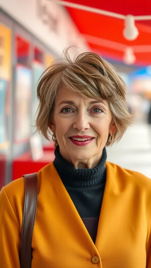 A woman with a layered haircut and feathered finish, smiling in an orange cardigan.