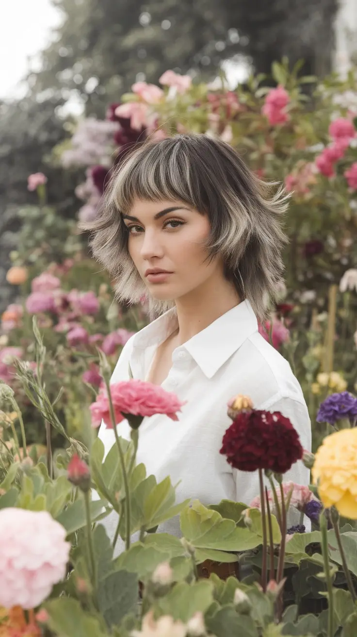 Model with a layered haircut showcasing defined curls, surrounded by colorful flowers.
