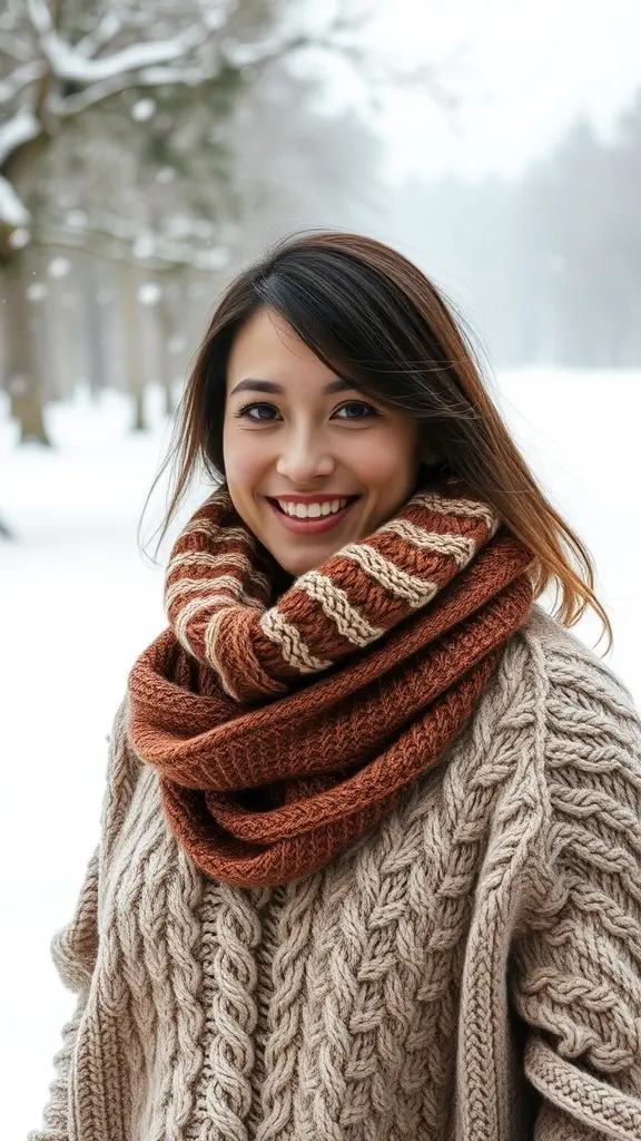 A young woman smiling in a cozy, layered knit sweater and a large scarf, surrounded by a snowy backdrop.