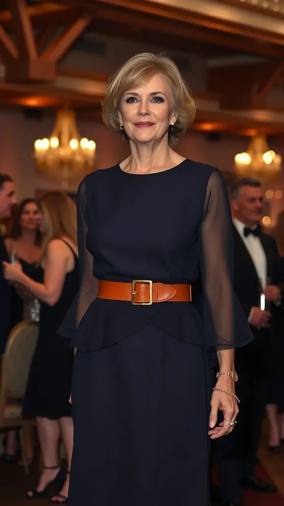 A woman wearing a layered midi dress with a statement belt, exuding elegance at an evening event.