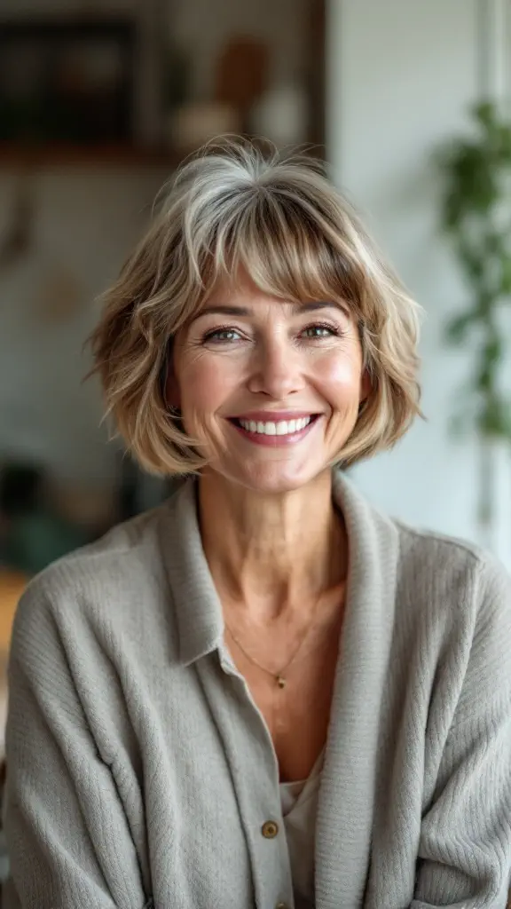 A woman with a layered shag haircut, smiling and looking confident