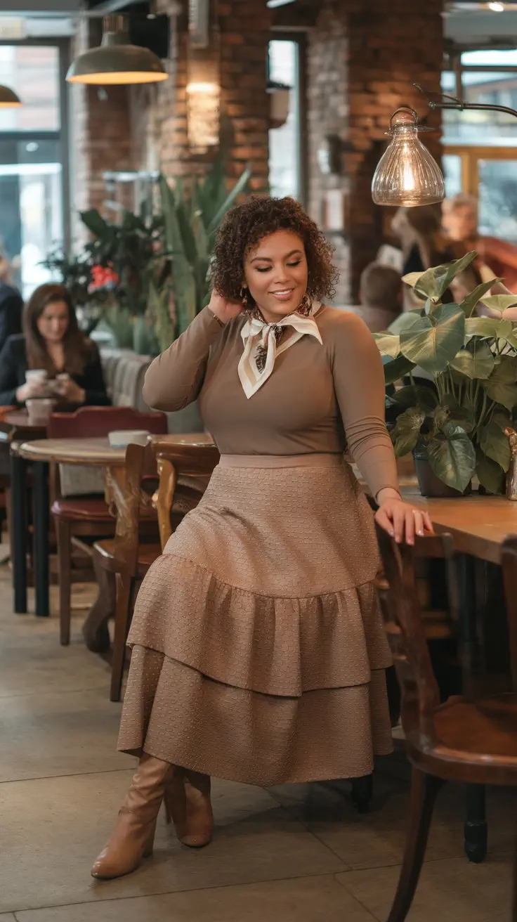 A plus-size woman wearing a textured tiered skirt and a fitted top, seated in a cozy café setting