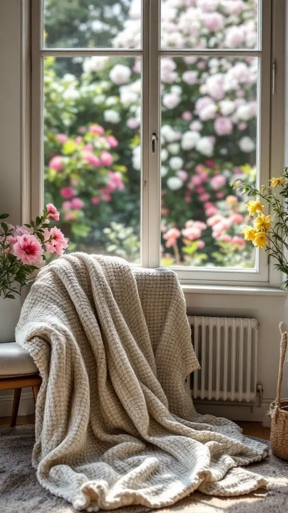 A cozy chair with a soft blanket draped over it, surrounded by blooming flowers outside a window.