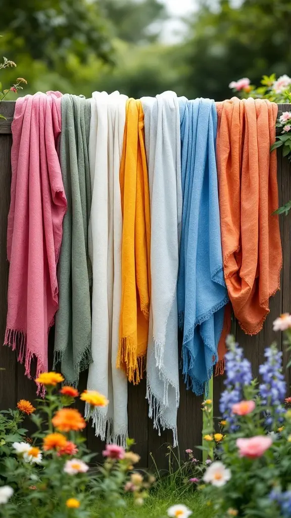 A collection of colorful lightweight scarves hanging on a fence, surrounded by flowers.
