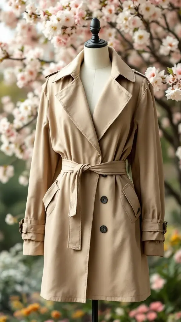 A beige lightweight trench coat displayed on a mannequin with pink flowers in the background.
