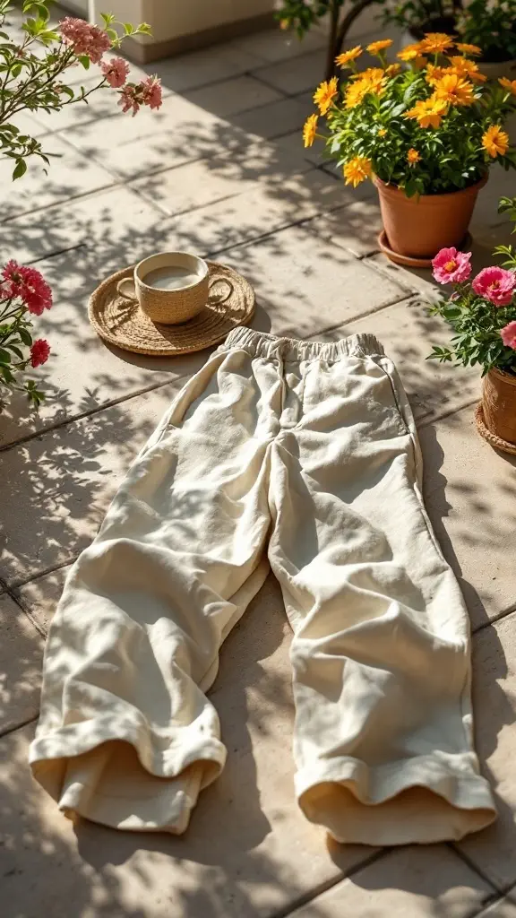 A pair of light-colored linen pants laid out on a sunny surface with flowers and a cup of tea nearby.