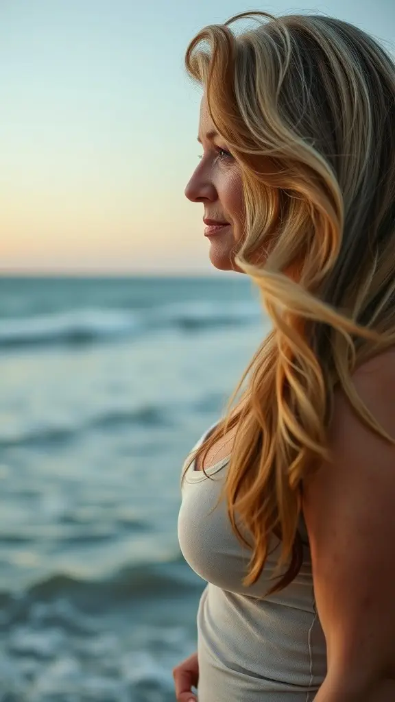A woman with long, flowing hair and beachy waves stands by the ocean, embodying a relaxed and stylish look.