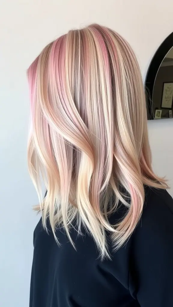 Long bob hairstyle with a color melt effect featuring pink and blonde shades.