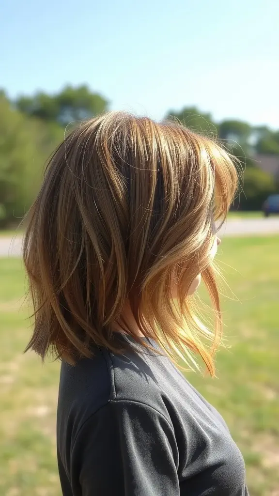 A woman with a long bob hairstyle featuring feathered layers, standing in a sunny outdoor setting.