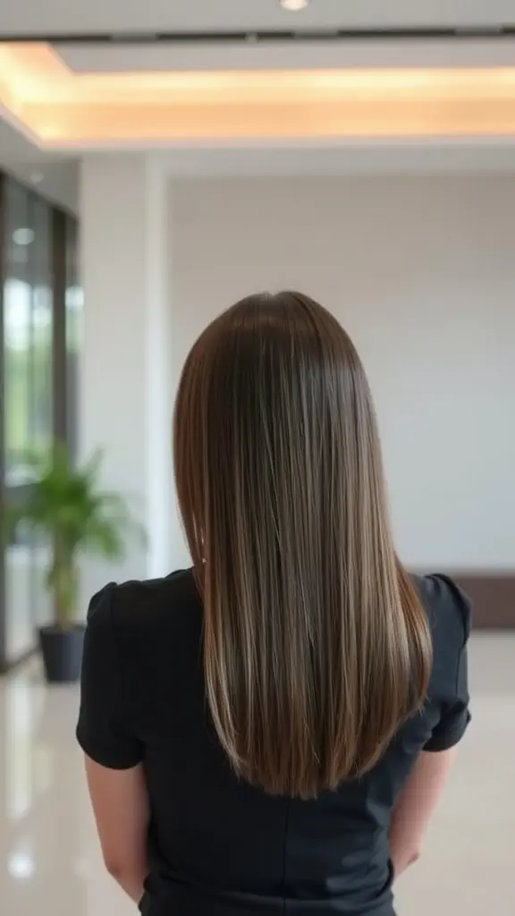 A woman with straight, sleek long bob hairstyle, seen from the back.