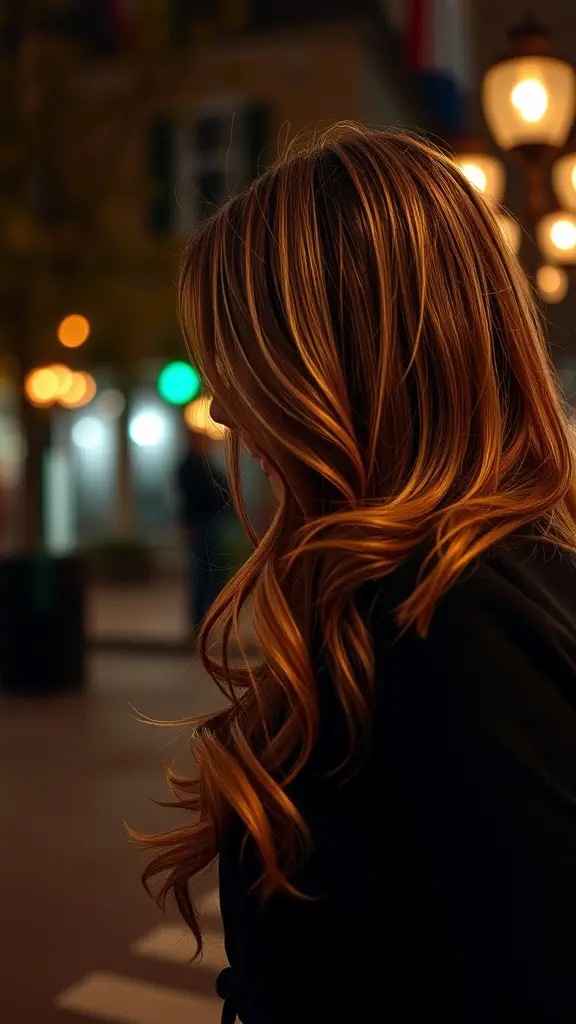 A woman with long, curly hair stands in a softly lit environment, showcasing beautiful golden highlights.