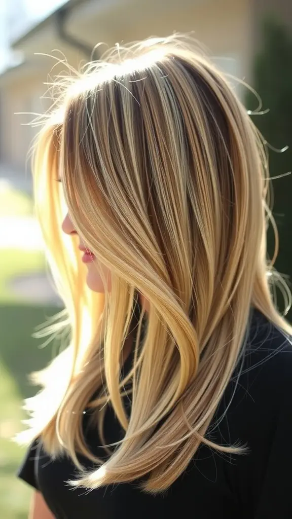 A side view of a woman with long, layered hair featuring subtle ombre highlights.