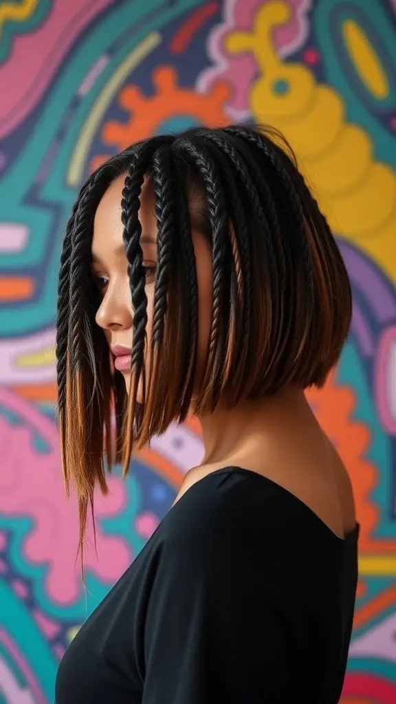 Long bob hairstyle with twists, featuring a chic look and textured appearance