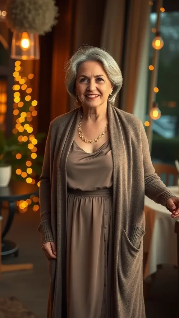 A woman in a long cardigan over an elegant dress, smiling in a cozy setting with soft lighting.