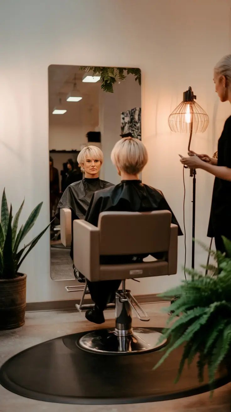 A woman sitting in a salon chair looking in a mirror, preparing for a haircut that emphasizes volume in thick wavy hair.