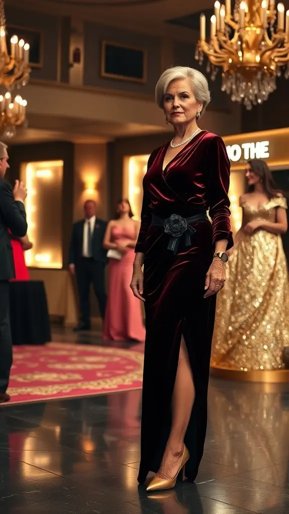 A woman wearing a luxurious velvet wrap dress with a modest slit, standing confidently in a formal setting.