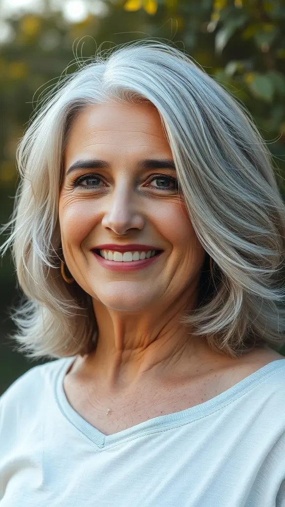 Mature woman with silver hair smiling warmly outdoors.