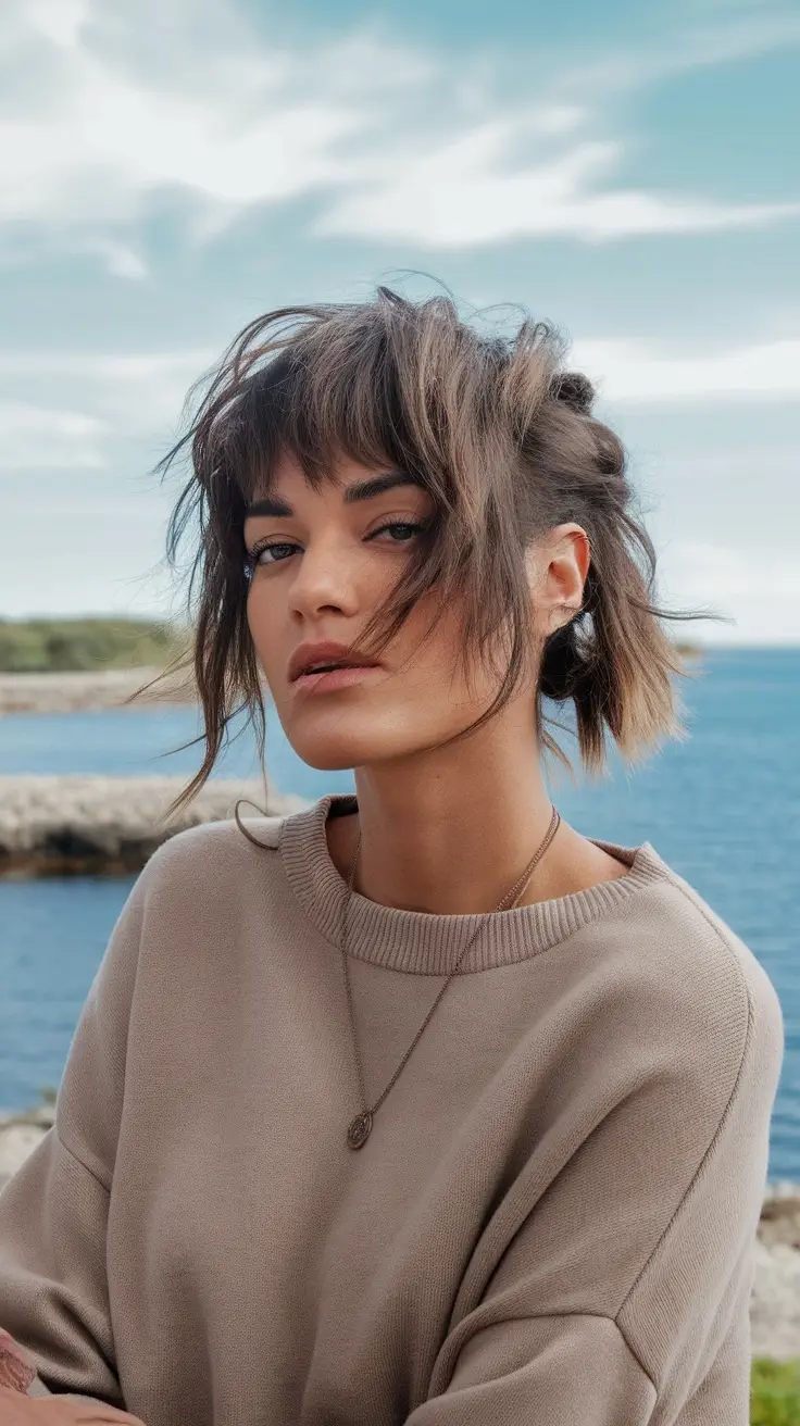 A woman with a messy bob haircut, styled casually against a scenic backdrop.