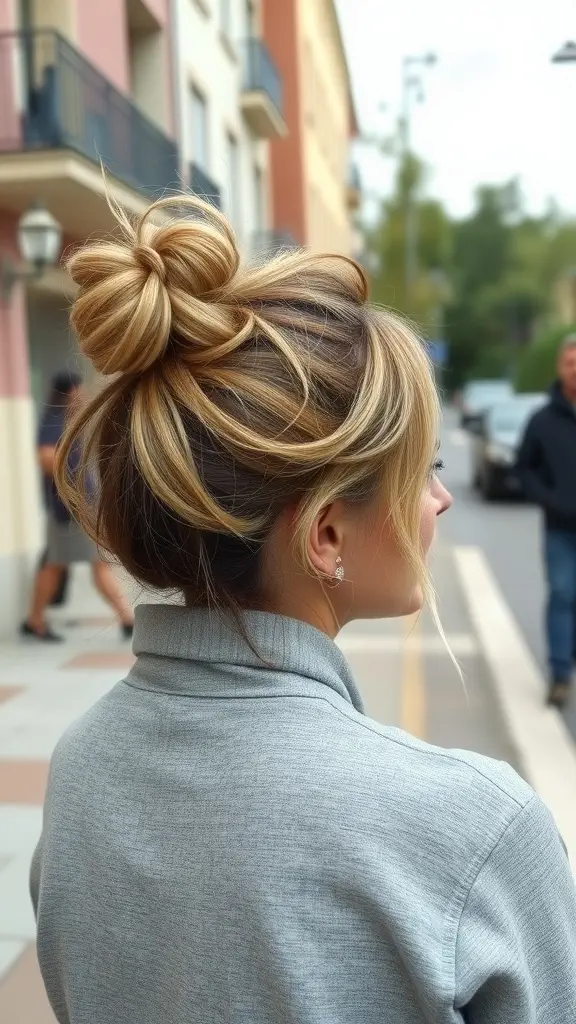 A woman with a messy bun long bob hairstyle, showcasing relaxed and casual elegance.