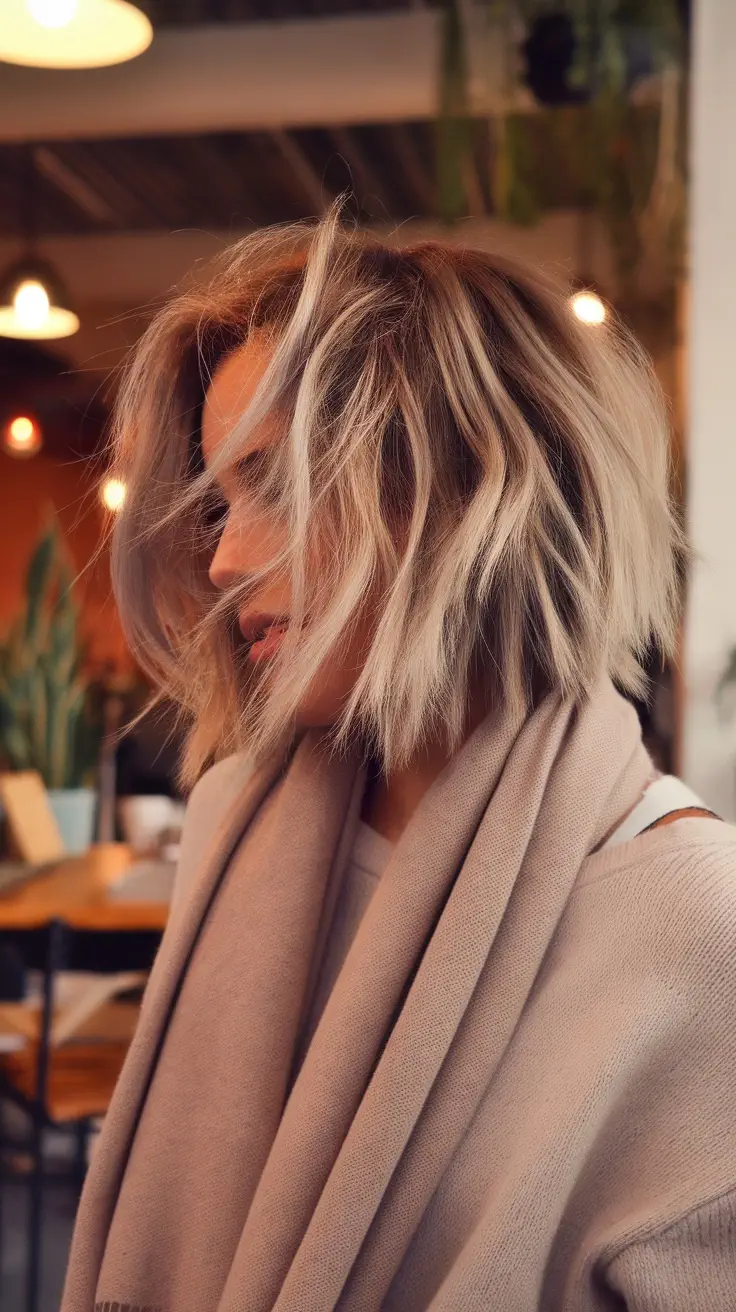 A woman with a messy tousled lob hairstyle, wearing a soft scarf.