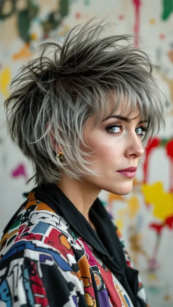 A stylish woman with a modern mullet hairstyle featuring volume and highlights.