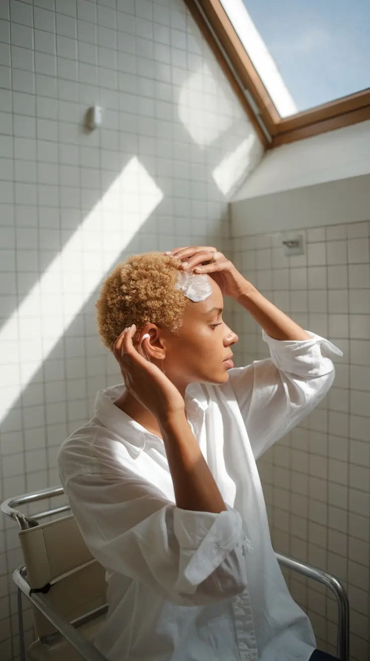 A person applying a hair treatment to their short, curly hair in a bright bathroom.